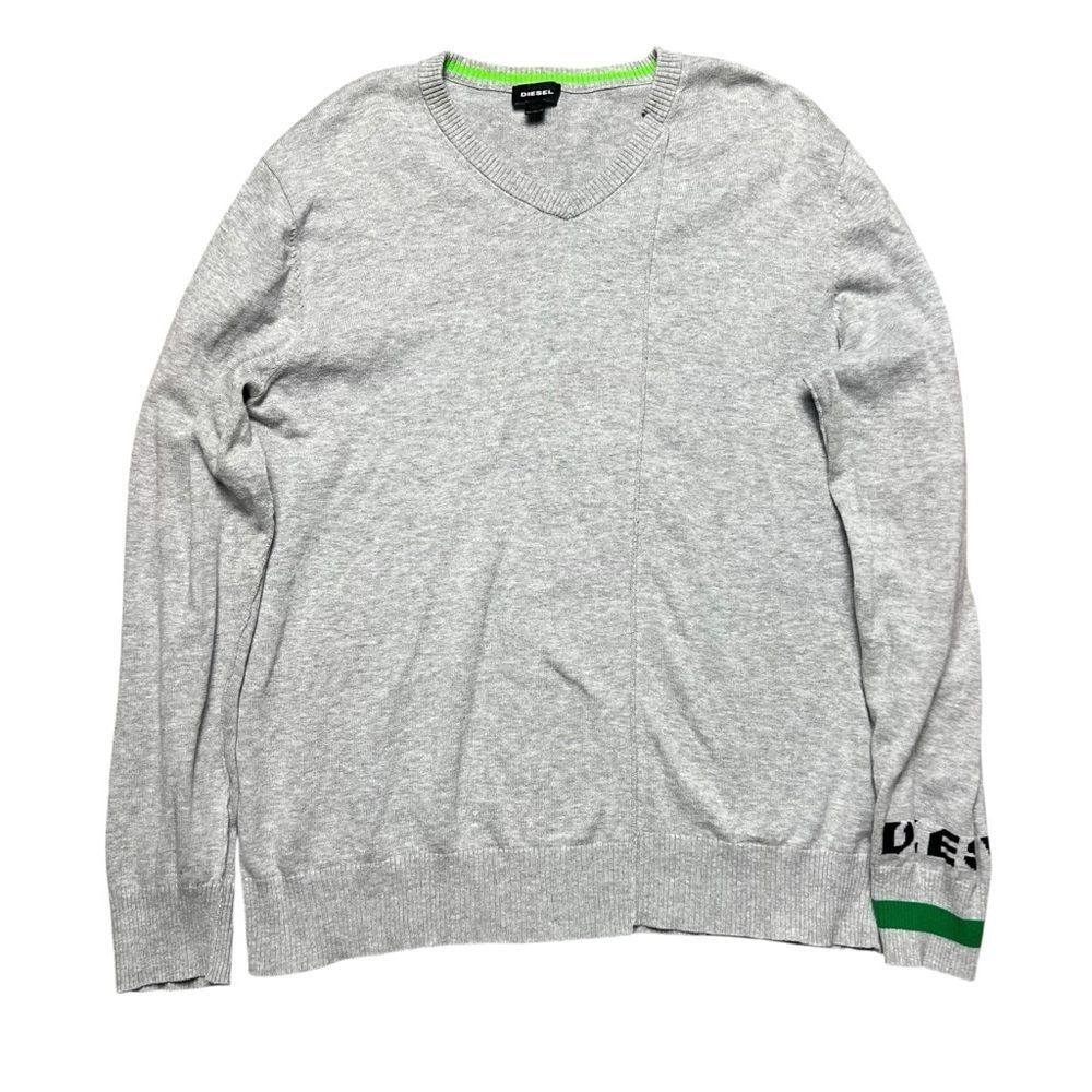 2010 Diesel Sweater Ribbed Cuff Hem Logo In Heather Gray Neon Green Stripe L￼